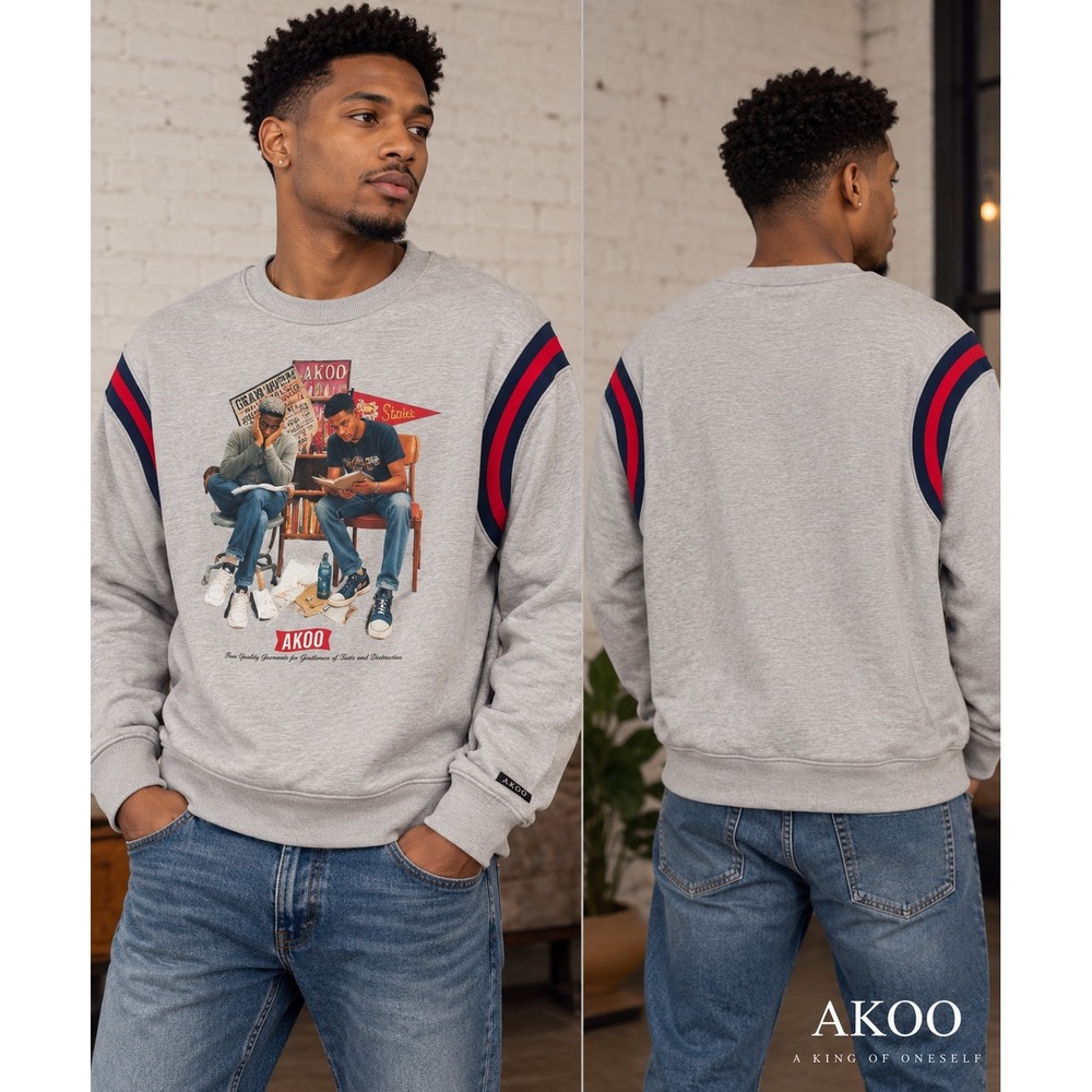AKOO Mens XXL Crewneck Sweatshirt Gray Graphic Varsity Stripe Streetwear